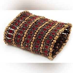 Unique Vintage Wide Red Gold Crystal Egyptian boho flex stretch Bracelet 3.25"